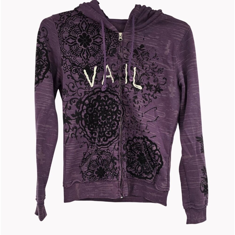 Purple Vail Womens Medium Hooded Zip Up Hoodie Black Floral Fleece Lined